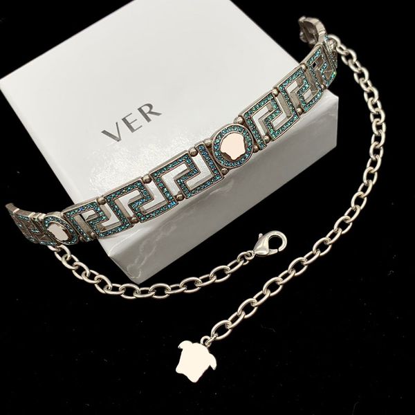 Fashion Chokers Designer Men Diamond Chains Necklace Women Silver Retro Jewelry Letters Choker Ciplant Collane Uomo Green Jewlery 238153C6