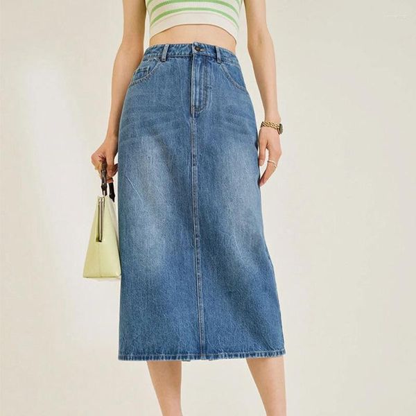 Saias 2023 Fall Senhoras azuis de cintura alta jeans midi saco de fenda feminina Hip feminino casual desgaste