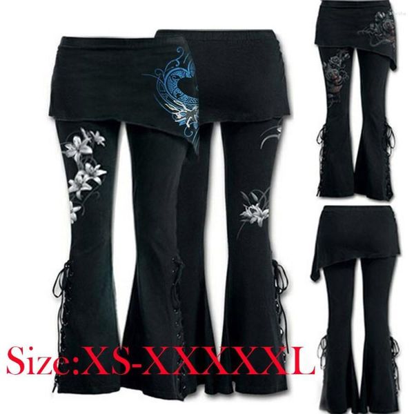 Frauenhose Frauen schwarze gestickte lässige Verband Fackeln Punk Schnürung Glockenboden Leggings Vintage Taschen Solid Herbst Y2K