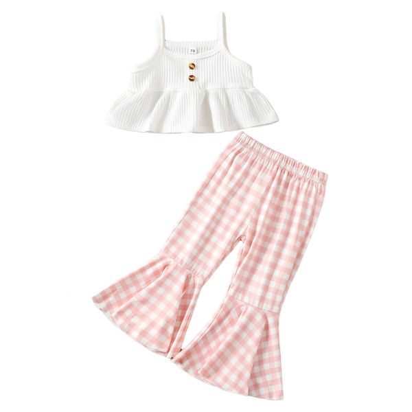 Kleidungssets 0-24M Baby Mädchen Zweiteiliger Modeanzug Solide gerippte Sling Tops Weste Rosa Plaid Schlaghosen