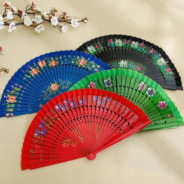 Dekorative Figuren Holzklapper Fan Spanisch doppelseitig bemalte Handheld Vintage Dance Fans Hochzeitsfeier Chinesisch