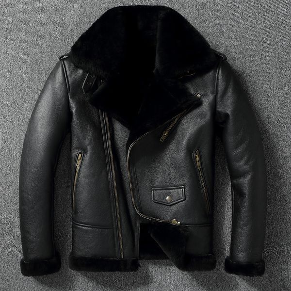 Jaquetas masculinas lã grossa casaco quente diagonal colar de peles masculino jaqueta de couro preto casaco de inverno europeu tamanho 230814