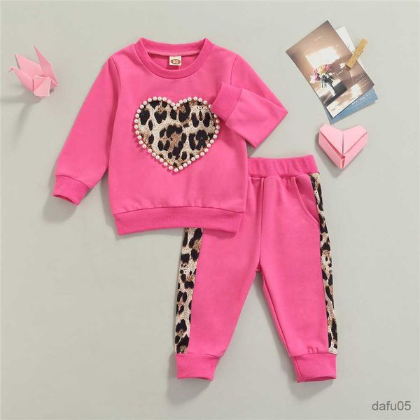 Set di abbigliamento per bambini bambini piccoli maglione pantaloni stampa leopardo con perle decorazione a forma di cuore abiti primaverili 1-7t R230815