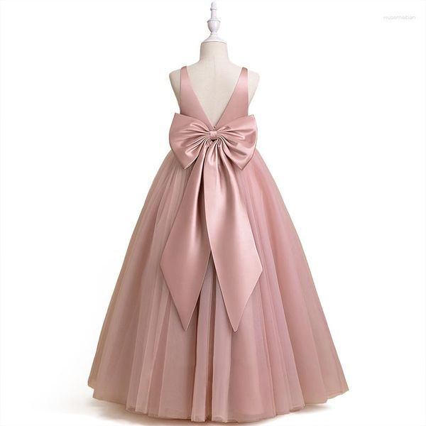 Mädchenkleider elegante Mädchen Big Bow Kleid Teen Weiß Erstkommunion Zeremonie Lange Robe Kleidung Kinder Bridesmild Sommer V-Ausschnitt Vestidos