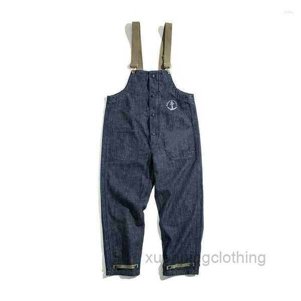 Jeans masculinos Retro Cargo Navy Deck Jenim Bib Lavado Lavado Japonês Japonês Pocket Gumpsuit Trendy Street Wear Auyt