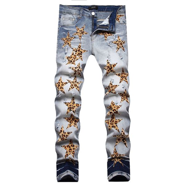 Jeans masculinos do leopardo STAR Bordados Outono Winter Slim Fit Stretch Ripped Hole Denim Pants High Street Punk Streetwear 28-42