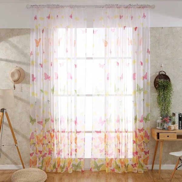 Cortina romântica borboleta cortina borboletas impressas tule voile cortinas para tela janela varanda painel transparente venda quente