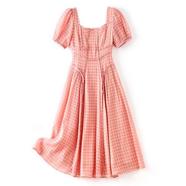 2023 Vestido de pijama de enguia rosa de verão Rosa Pescoço de manga curta Midi Casual Vestres W3L043601