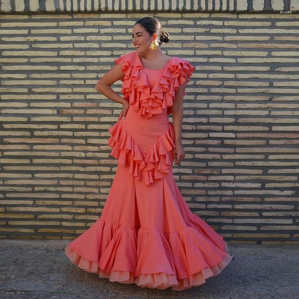 Vestidos casuais elegantes coral babados de cetim sereia vestidos de noite estilo espanhol sem costas vestido de baile de baile vestidos de noche personalizada feita