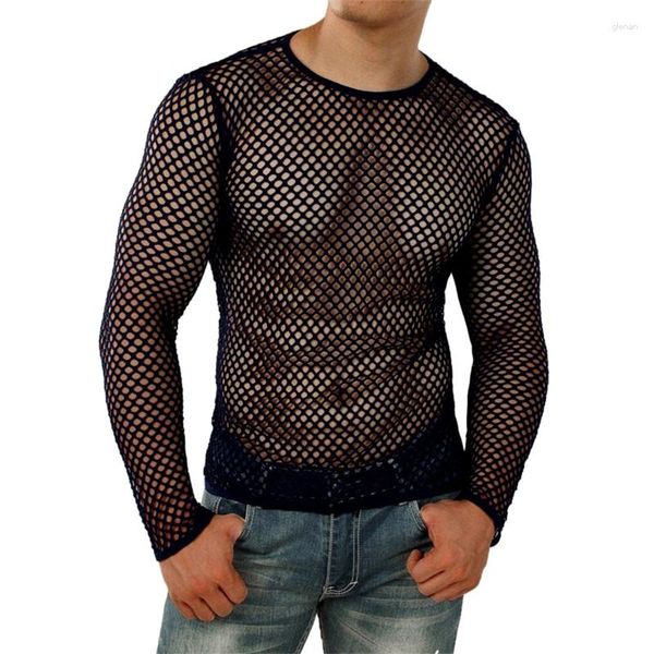 Herren-T-Shirts Männer Fishnet Saded Long Sleeve Muscle T-Shirt hohlroge runde Hals durchsichtige Sommer-Enge Tops