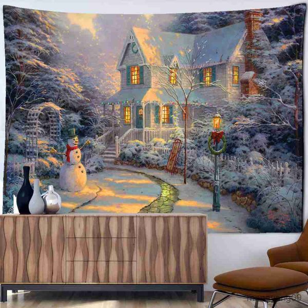 Tapestries Christmas City Painting Tapestry Wall Hanging Hippie Christmas Festival Arte Quarto da sala Decoração de casa R230815