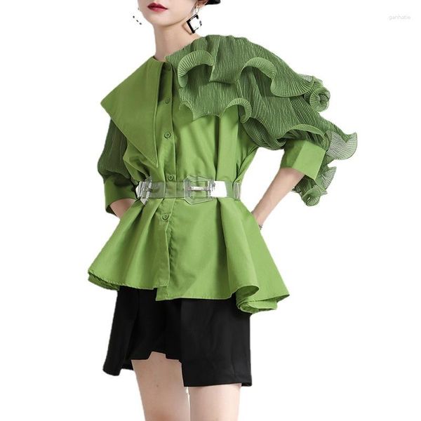 Женские блузки 2023 летние роскошные дизайнерские дизайнерские трехмерные складки нерегулярные лоскутные лоскутные рубашки с короткими рубашкой женщины с