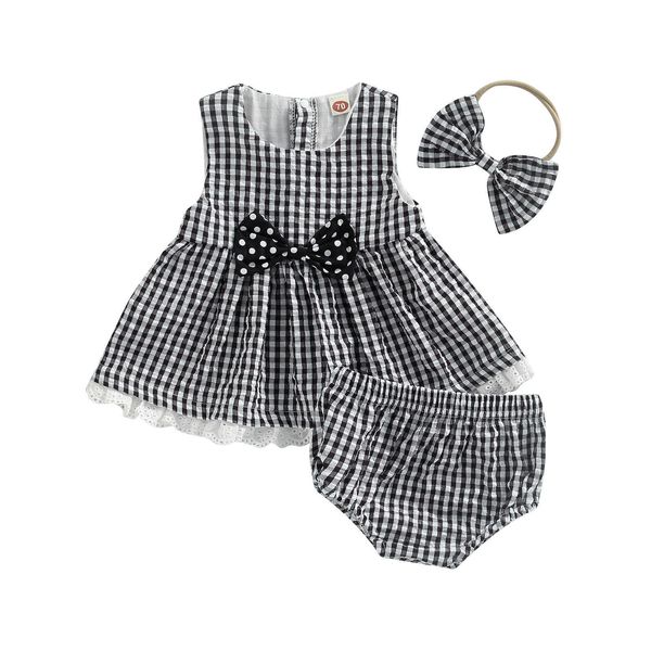 Kleidungssets 0-24 Monate Neugeborenes Mädchen 3-teiliges Outfit Kariertes Muster Ärmelloses Kleid Stil Tops Elastische Taille Shorts Haarband