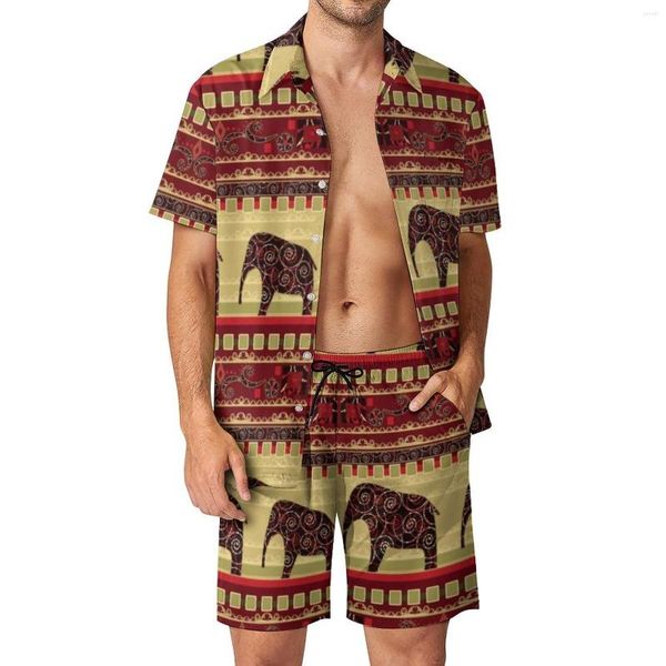 Herren Traursuits Vintage Elefant Männer Sets Afrikanische Print Art Casual Shorts Summer Cool Vacation Shirt Set Kurzarm Design Übergroßer Anzug