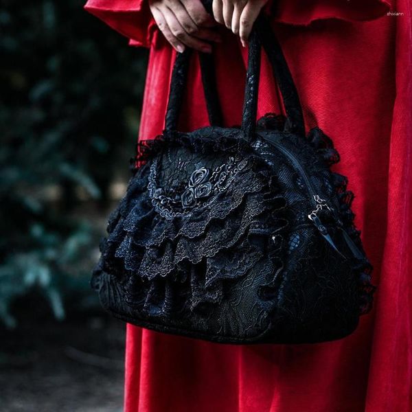 Evening Bags Vintage Royal Gothic Trend Lolita Black Lace Rose Zip Exquisite Tote Bag Handbag