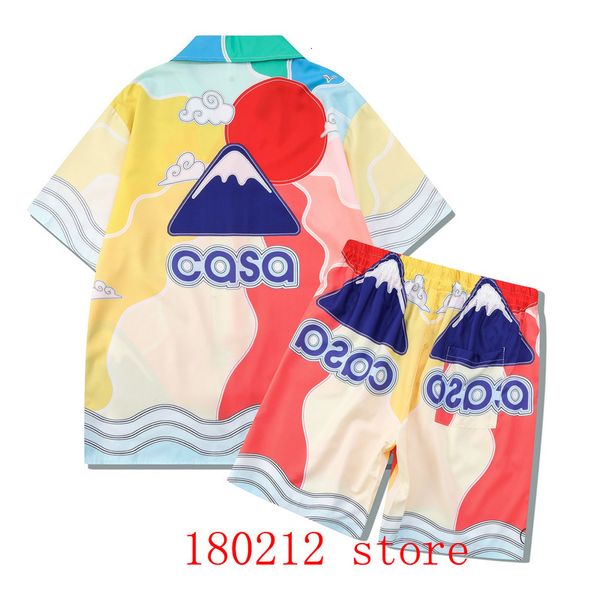 Mens teto de tecido fino tecido colorido Casablanca Red Sun Mountain Sea Pattern Surfras Conjunto de camisas do Hawaii Beach Surf Surf Surf Surf 230815