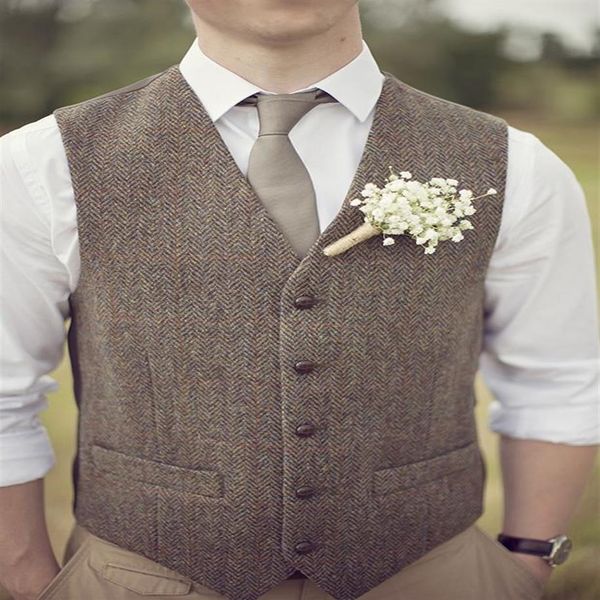 NOVA moda marrom coletes de tweed lã aranha britânica estilo masculino alfaiate alfaiate slim fit coletes vestidos de casamento para homens no01299c