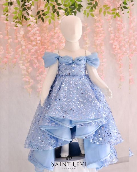 Vestidos de menina Glitter Blue Flower para casamento de miçangas de festas de aniversário de pescoço com xales de luxo de luxo