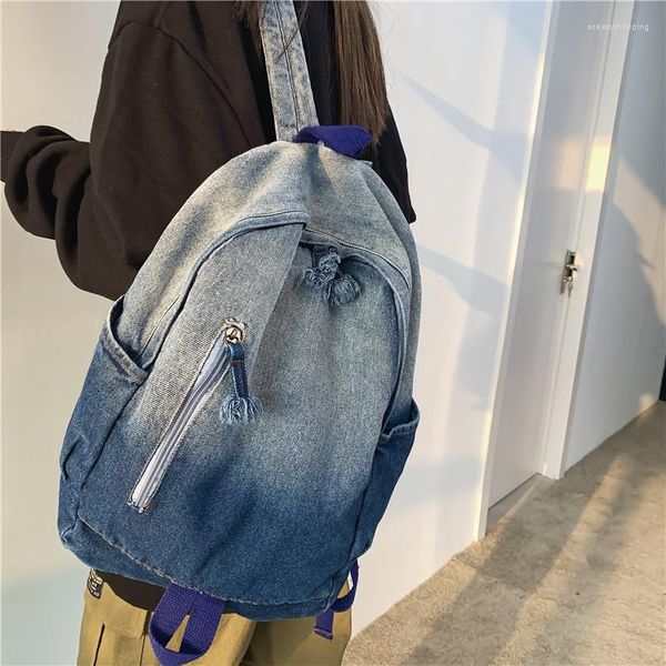 Backpack Gradiente cor azul jeans feminino Moda Sacos de moda 2023 Men's preto Backbags Packs Casual Travel Bag de grande capacidade