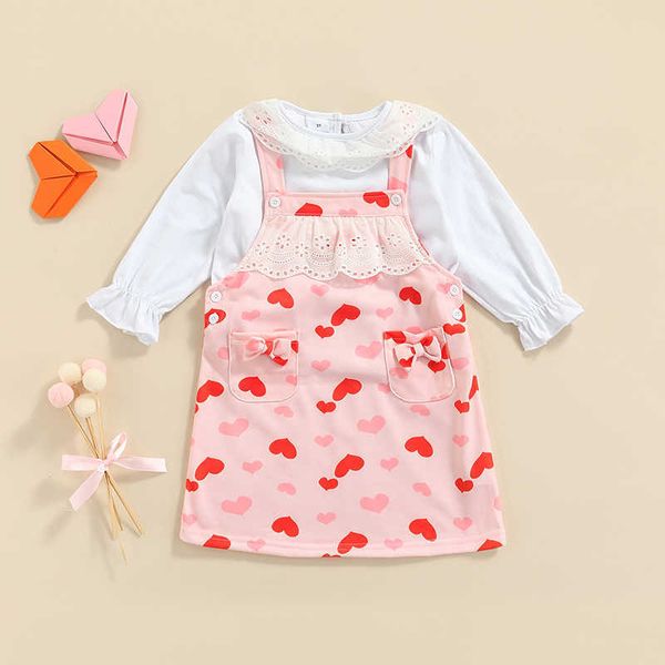 Set di abbigliamento 1-6 anni Bambino neonata 2 pezzi Autunno Abbigliamento per San Valentino Camicia a maniche lunghe in tinta unita Abito stampato a cuore rosa