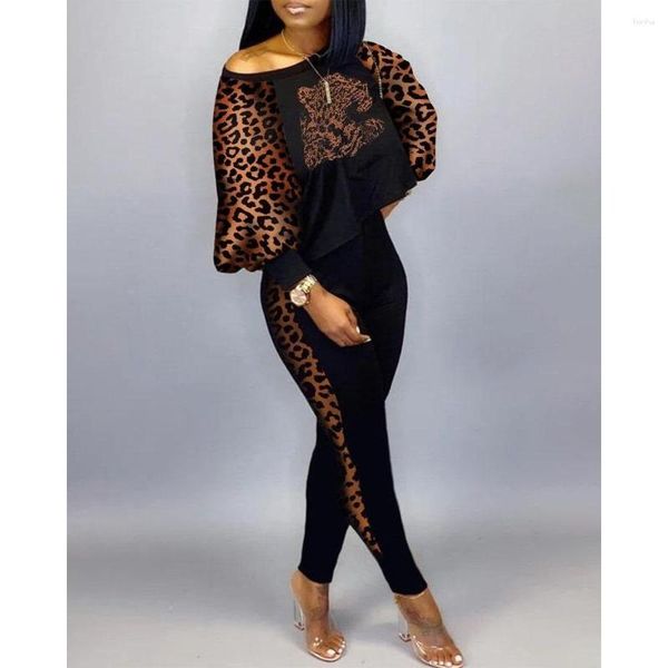 Pantaloni da donna a due pezzi eleganti set 2023 a bolla d'autunno manica casual leopardo pattern