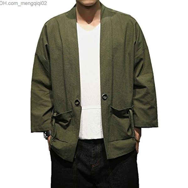 Jackets masculinos de linho masculino Kimono Fashion Loose Open Front Jacket Retro Jaqueta Casual Jaqueta Casual Sete Manga Aberta de Lã Frente