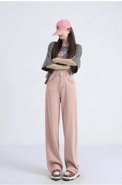 Jeans femininos Pink de cintura alta perna reta para tendência solta e confortável de 2023 Summer Slim Lady