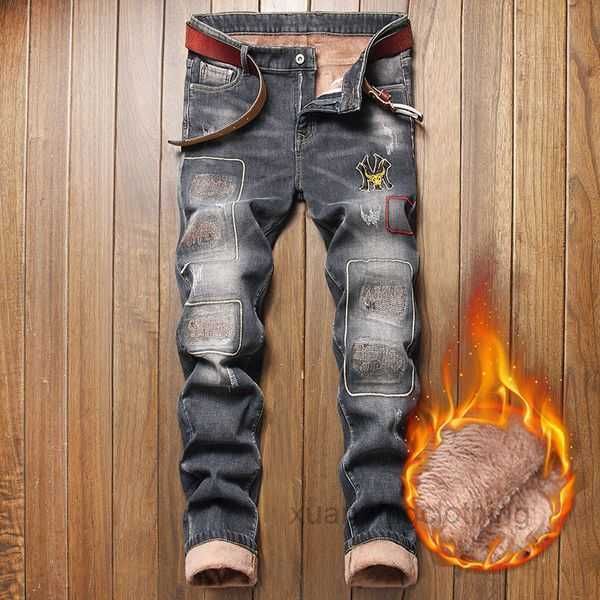 Jeans jeans de jeans Rapped calças para homens tamanho outono inverno mais veludo punk streetwear calça s4kq