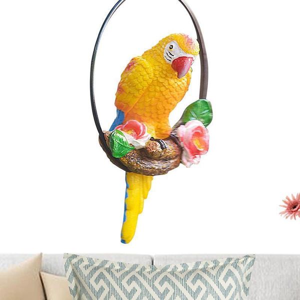 Objetos decorativos As estatuetas penduradas para escultura de papagaio de resina ao ar livre ornamento pátio de pássaros com o ornamento de coletor de aves tropicais para anel de ferro para 230815