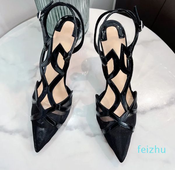 Sıradan Tasarımcı Seksi Lady Moda Kadın Ayakkabı Siyah Deri Mesh Criss-Cross Strappy Posty Toe Stiletto Striptizci Yüksek Topuklu Balo Pompalar Büyük