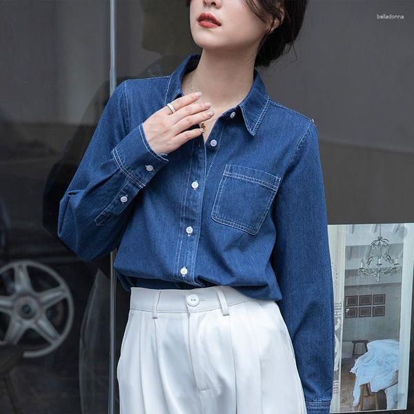 Frauenblusen 2023 Jahreszeiten Hemd Frauen blühen lange Ärmeln Denim Stoff Solid Color Revers Kragen koreanische Mode Lose Top