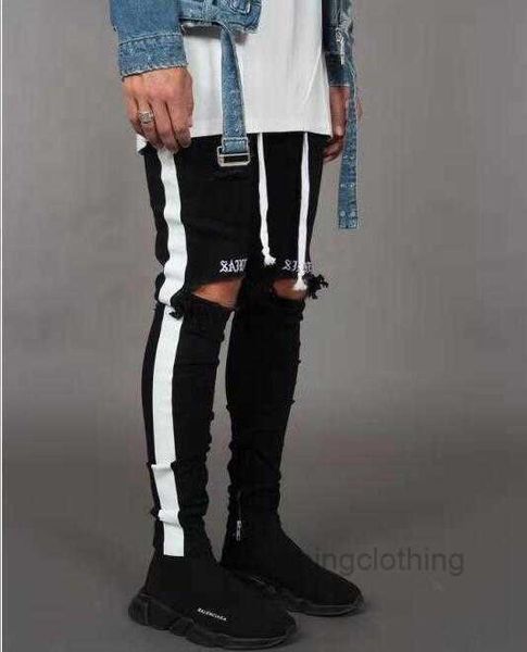 Fashion Mens Jean Street Black Löcher White Stripes Jeans HipHop Skateboardstifthose DDV2