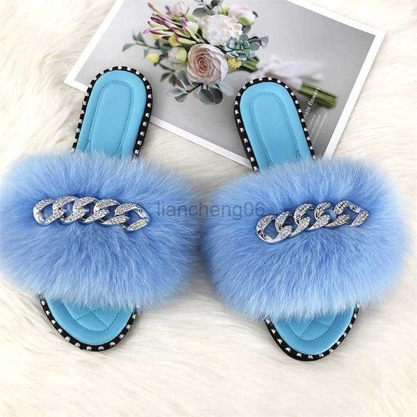 Slippers Summer Slippers Designer 2021Plush Slides de pele Mulheres Saltinhas azuis chinelos chinelos de chinelos casuais sandálias ao ar livre x230519