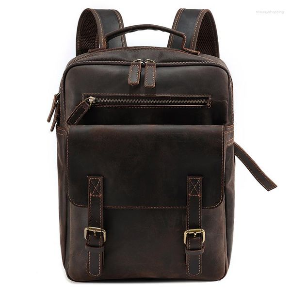 Sırt çantası yüksek kaliteli vintage kahverengi kalın dayanıklı gerçek çılgın at deri 15.6 '' dizüstü bilgisayar kadın erkek erkek seyahat çantası m6582