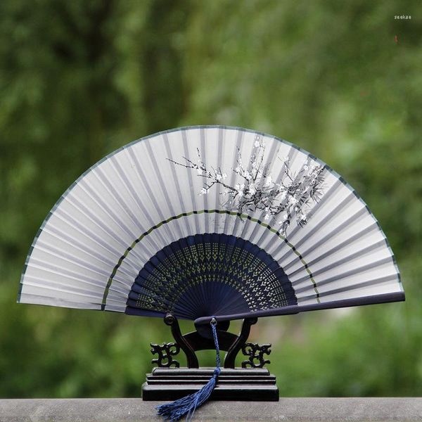 Estatuetas decorativas em chinês blum flores pequeno ventilador dobrável estilo japonês estilo bambu artesanato de festas femininas para eventos ou parede doméstica