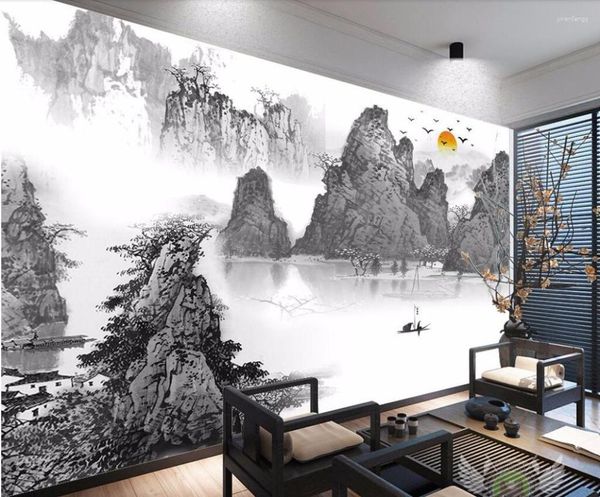 Tapeten CJSIR Custom Tapete Schwarz -Weiß Chinesisch Landschaft Liebe Tinte Stimmung TV Hintergrund Wandmalereien 3d 3d