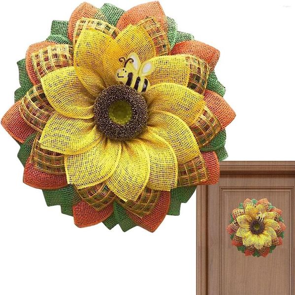 Dekoratif Çiçekler Ayçiçeği Kapısı Çelenk | Rustik Hessian yapay çelenk sarı duvar dekorasyonu - Ho için Bee Günü Yaz Sonbahar