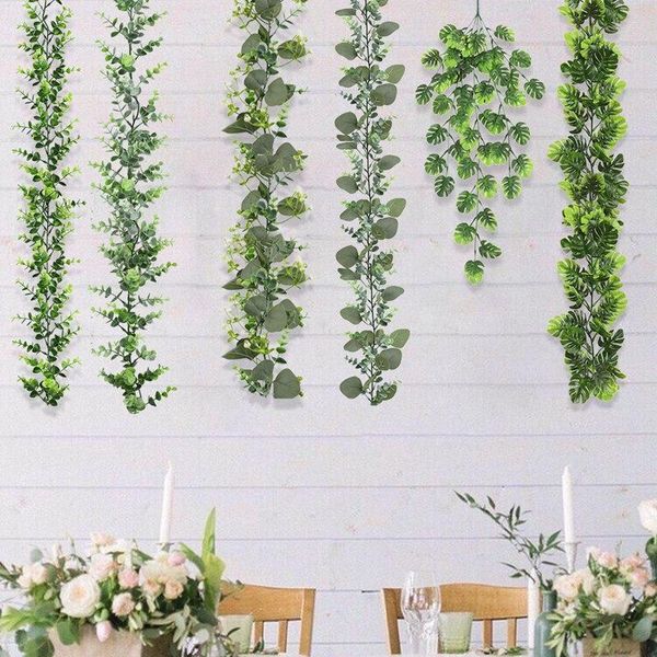 Flores decorativas 1pcs verde eucalipto folhas guirlanda wisteria rattan artificial videiras de folhas de plantas falsas para decoração de festa de aniversário de casamento