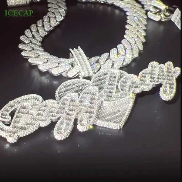 Colar de moissanite corrente hip hop pingente personalizado coração letras charme homens cubano link baguette corte diamante 925 prata