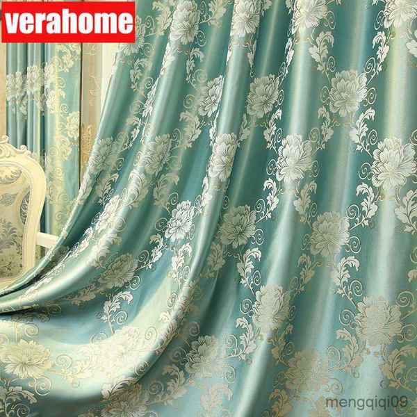 Vorhang Europäischer Luxus Blackout Blumengold Fenster Behandlungsvorhänge für Wohnzimmer Schlafzimmer mit Tulle Valance R230815