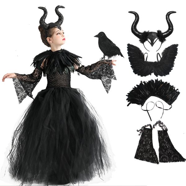 Vestidos de meninas garotas Halloween mal rainha escura de luxo preto cisne cisne ball vestido de bola de cosplay roupas de cosplay 230814
