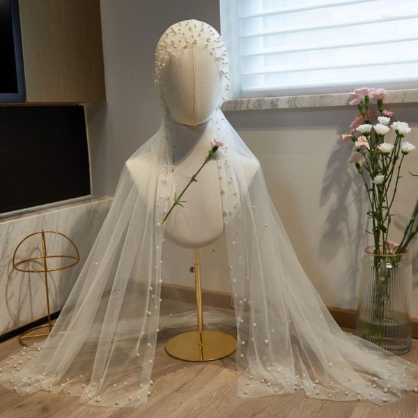 Véias de noiva 2023 Tulle Scondf Wedding Véil elegante tampa da capa da cabeça com pérolas de pérolas velo novia voile femme musulman