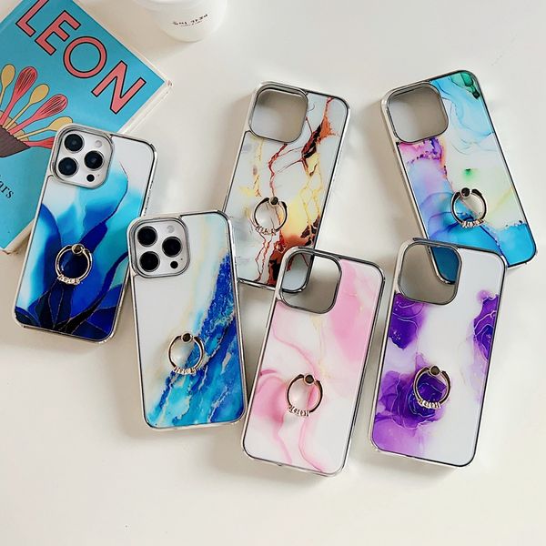 Casos cromados para iPhone 15 Pro máximo 15 Plus Phone15 Luxo Bling Marble Plating Hard PC TPU Rock Stone Metal Ring Ring Ringer