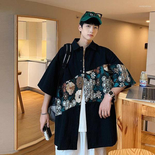 Camicie casual maschile estate vintage ricamato a fiori di cotone uomo giapponese streetwear giapponese abiti hawaiani maniche corte 5xl nero