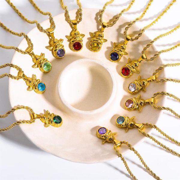Kolye Kolyeler Vintage Guardian Melek Paslanmaz Çelik Halat Zinciri Renk Zirkon Taş Doğum Ayı Kanat Kolye Cups Cherub Jewelry