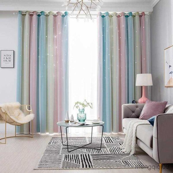 Vorhang 100x250 cm romantische Regenbogenfarbe schiere Vorhang Mädchen Kinder Schlafzimmer Full Blackout Fenster Drapes Hollow Star Vorhang Home Decor R230815