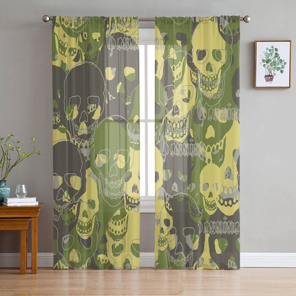 Cortinas puras Camuflagem de cabeça de caveira Tule para a sala de estar Cortina de quartos Balcony Hall Fashion Printed Home Drapes 230815