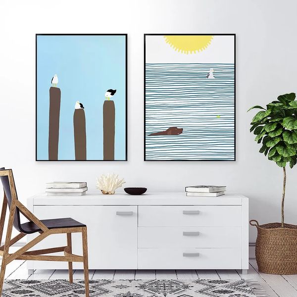 Seagull Dog Swim в океане настенный холст рисовать пляжные дневные плакаты и принты девушки, прыгающие в бассейн, картинки для гостиной спальни декор. Подарок без каркаса wo6