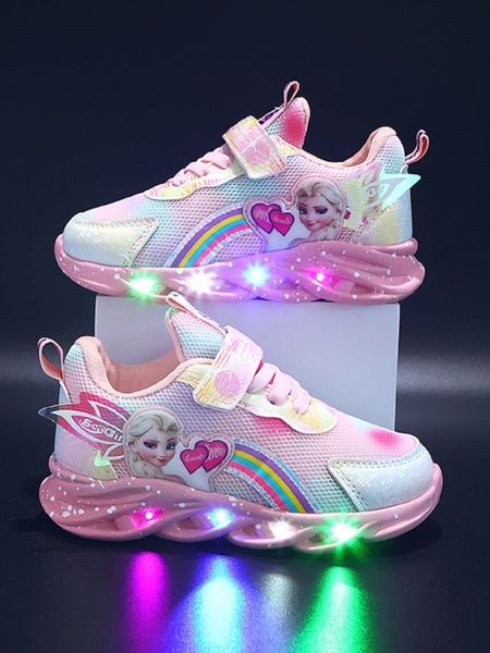 Ботинки светодиодные кроссовки розовый фиолетовый для весенних девушек замороженные принцесса милый принт для обуви для отдыха. Дети освещены без скольжения 230814