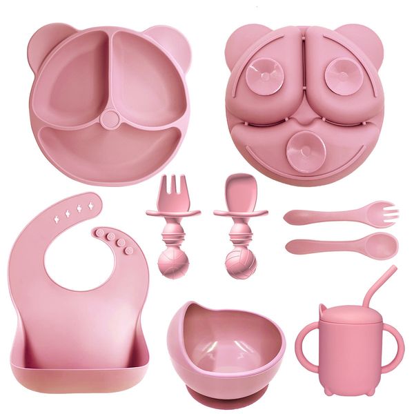 Tazze di piatti utensili 8pcs baby silicone bavasola aspirazione di aspirazione tazza da pentola piatto cucchiaio set non slip grade cibo per bambini bpa BPA gratis 230814